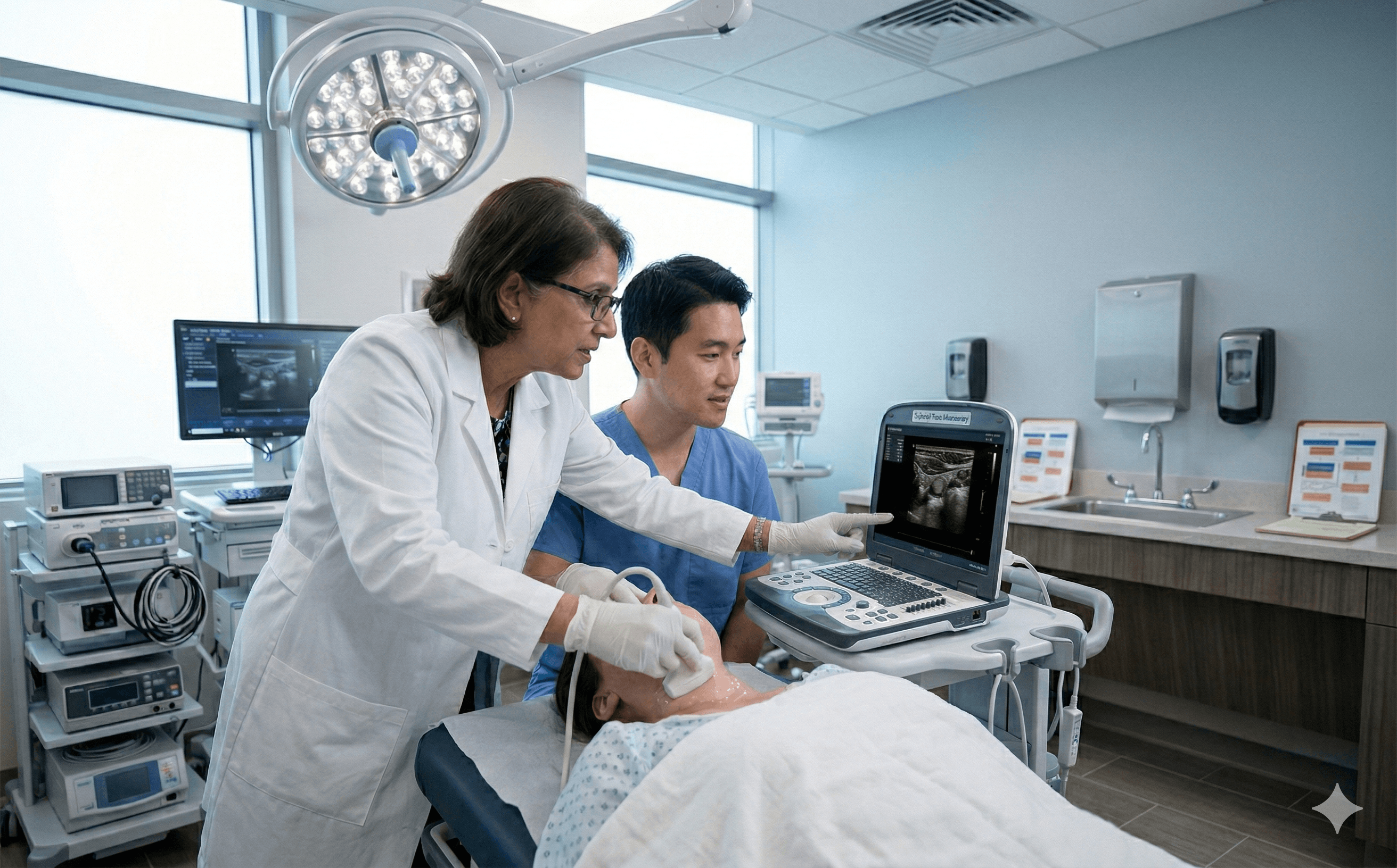 Radiologist and surgeon reviewing ultrasound imaging together