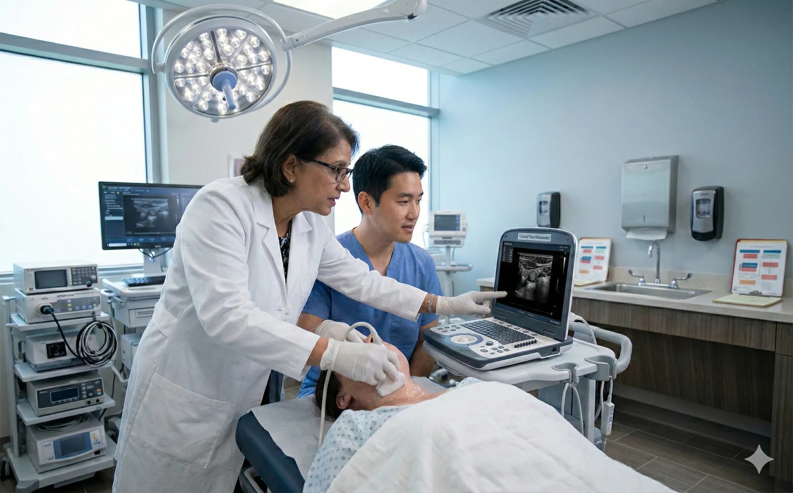 Radiologist and surgeon reviewing ultrasound imaging together